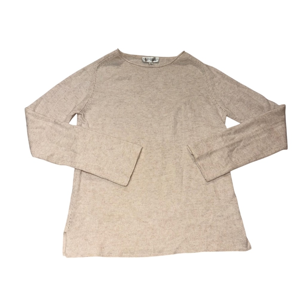 Neiman Marcus Cashmere Sweater Womens Medium Oatmeal Beige Pointelle Boat Neck